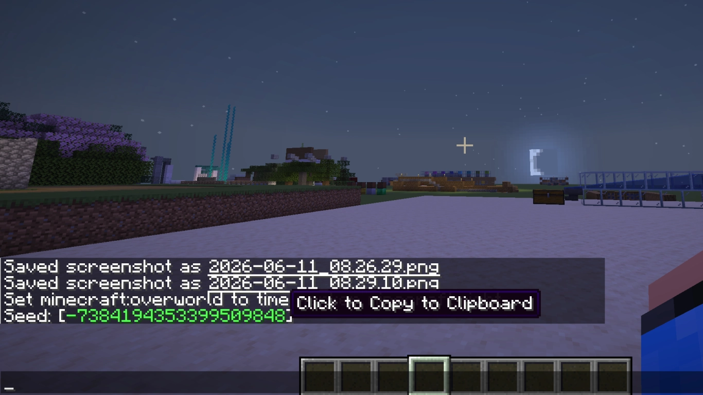 Histórico do chat do Minecraft com comandos guardados e interações por clique