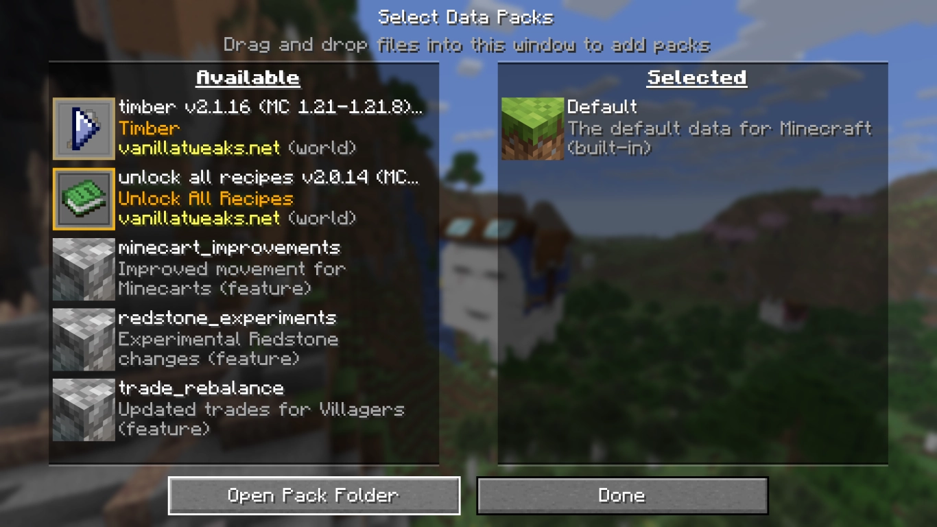 Menu de Data Packs do Minecraft ao criar um mundo