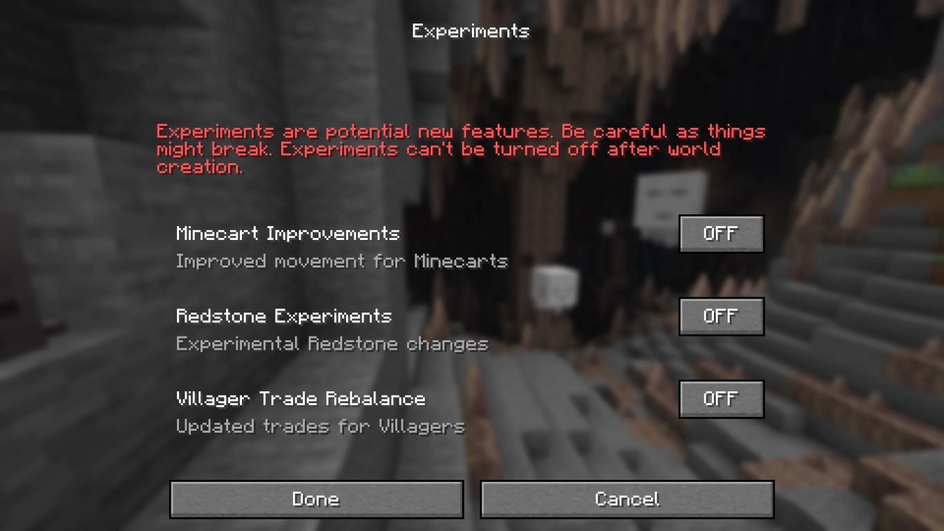 Experiments do Minecraft e Data Packs oficiais no menu