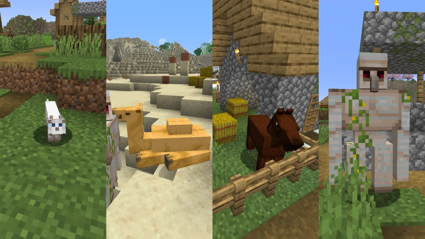 Katzen, Pferde, Nutztiere und Eisengolems im Minecraft Dorf