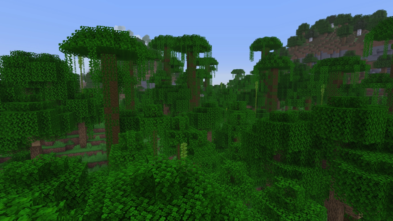 Dichtes Minecraft Dschungel-Biom mit hohen Bäumen und üppigem Blätterdach