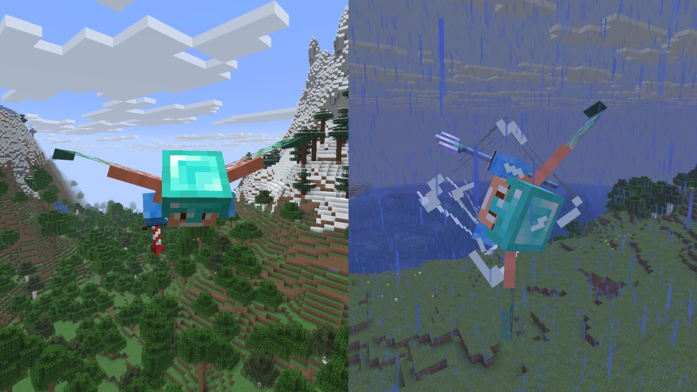 Elytra Boost mit Feuerwerksraketen und Dreizack Sog im Regen in Minecraft