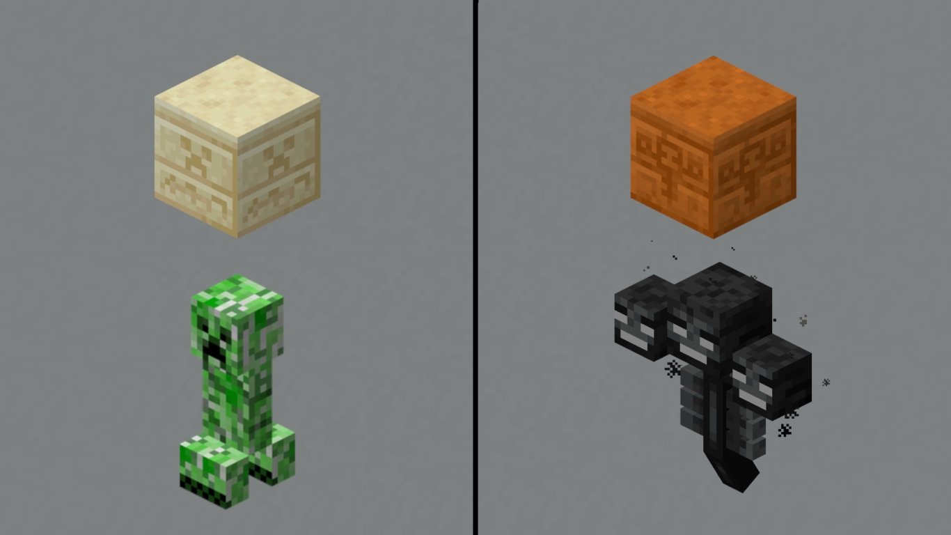 Kaiverrettu hartsitiili, jossa on Creakingin kasvot Minecraftissa