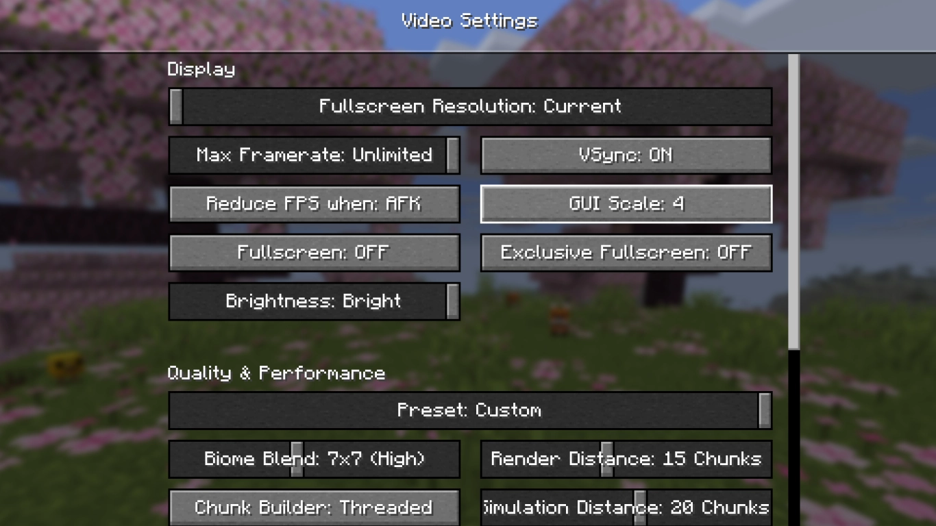 Impostazioni di visualizzazione di Minecraft con schermo intero, VSync e limite FPS nel menu opzioni