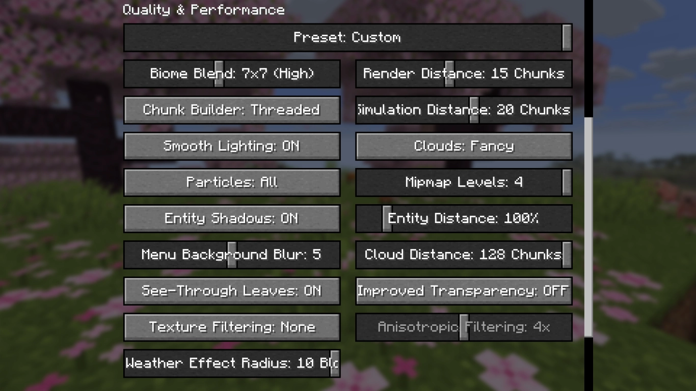 Qualità grafica di Minecraft con particelle, ombre e distanza di rendering nel menu