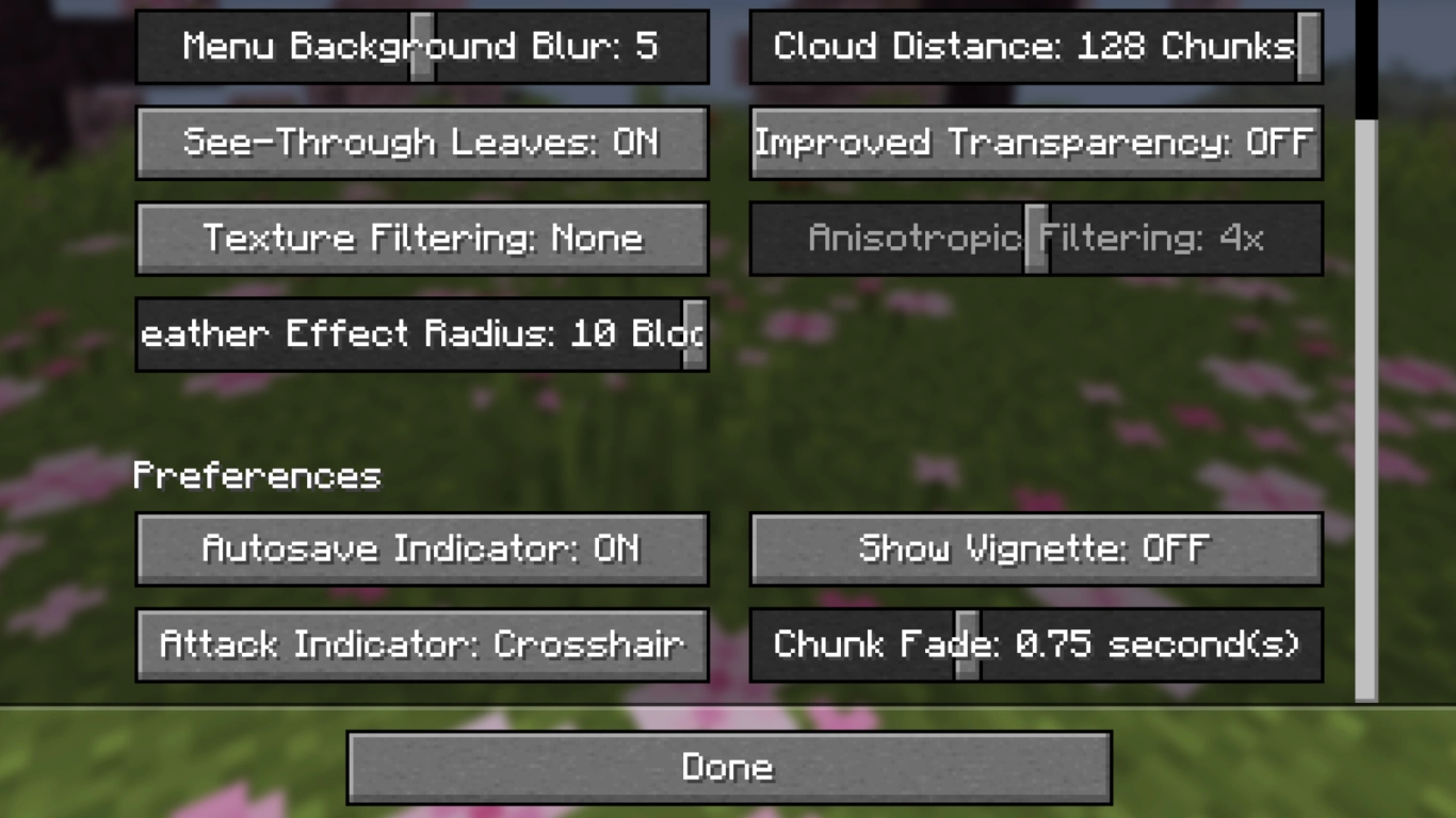 Preferenze di visualizzazione di Minecraft con indicatore di attacco e avviso di salvataggio automatico