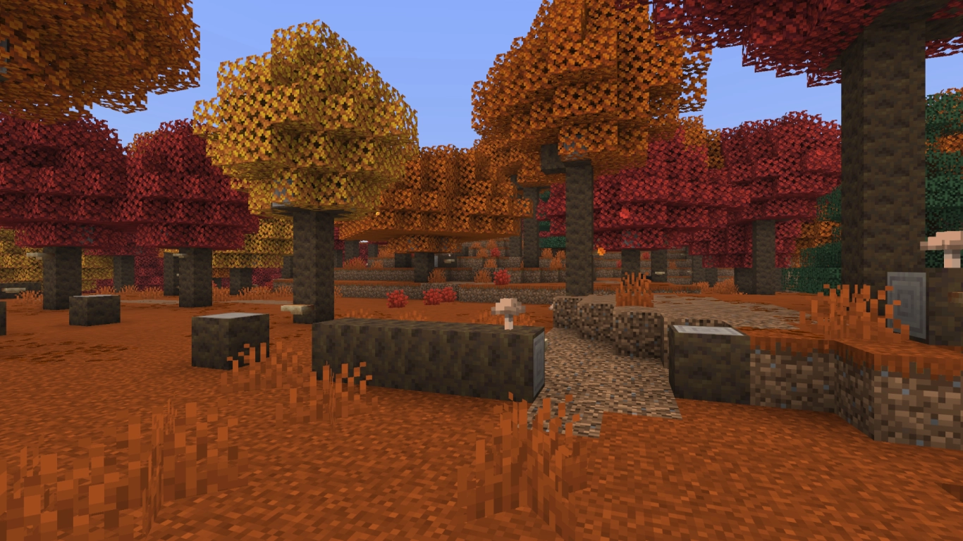 Bioma Floresta de Outono do Minecraft com choupos, relva castanha e montes de folhas