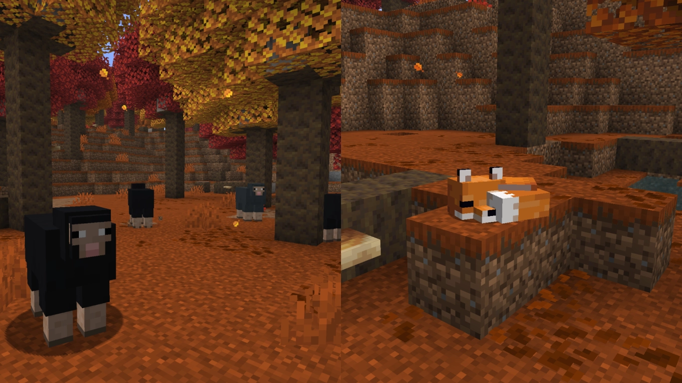 Animais na Floresta de Outono no Minecraft: raposas vermelhas, ovelhas pretas e coelhos