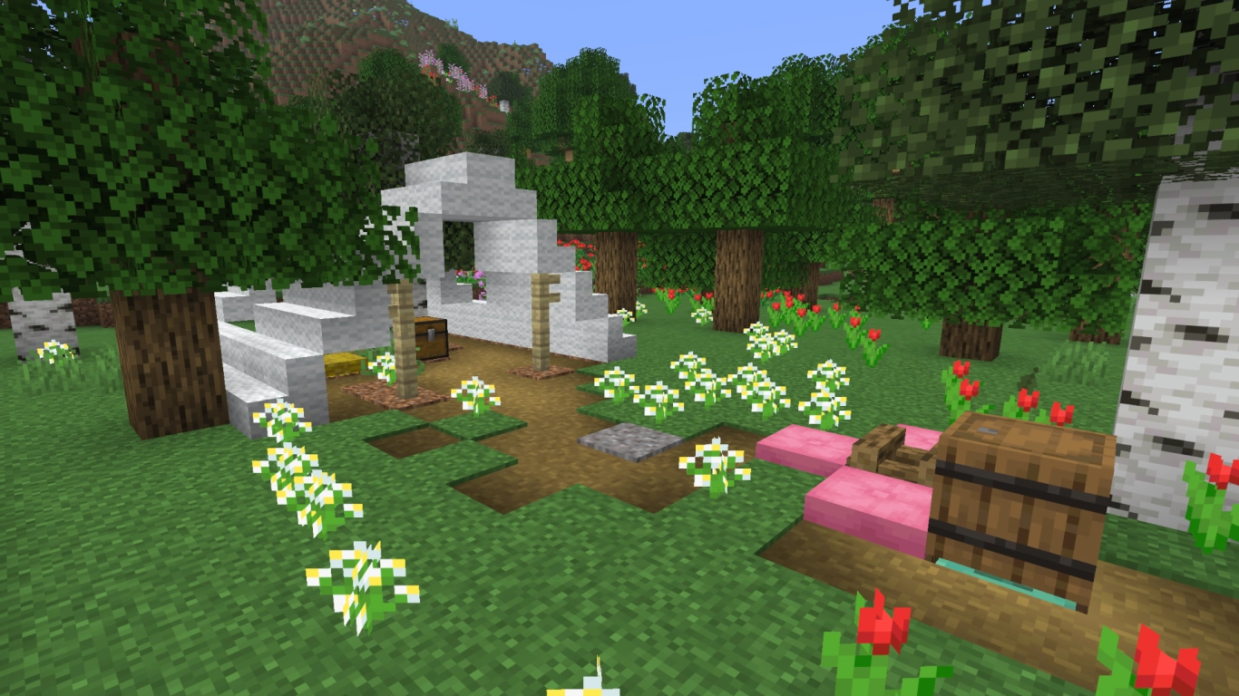 Acampamento abandonado no Minecraft com tenda e fogueira na Floresta de Outono