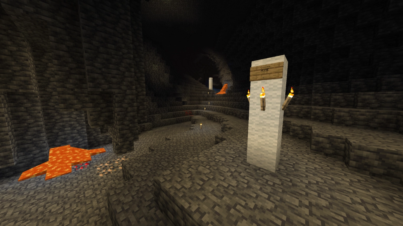 Marcações em grutas de Minecraft com blocos chamativos e placas para navegação