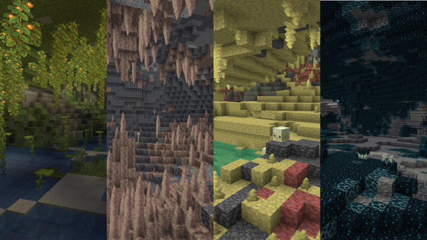 Biomas de grutas em Minecraft: gruta luxuriante, gruta de espeleotemas e Escuridão Profunda com as suas particularidades