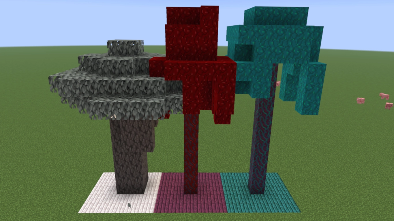 Minecraft exklusive Holzarten Blasseiche Karmesin Wirr Holz aus Nether mit Biomen und Farben