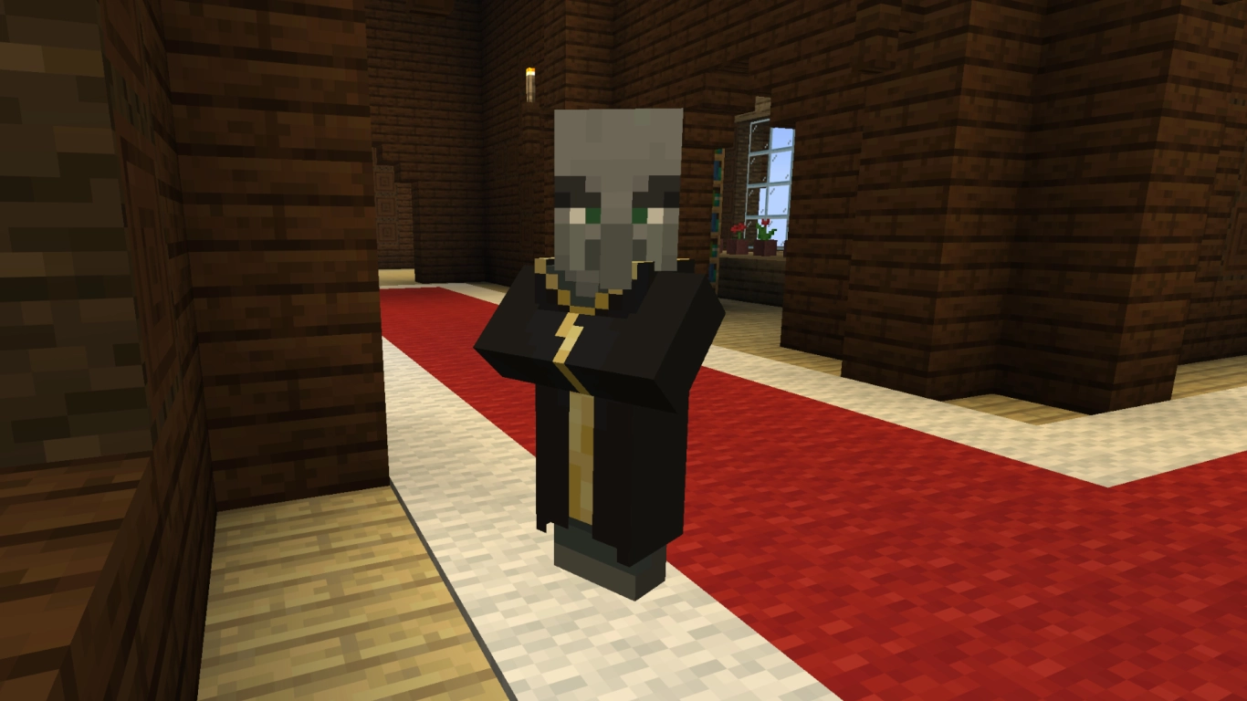 Minecraft Evoker in schwarzer Robe mit goldenem Rand im Waldanwesen
