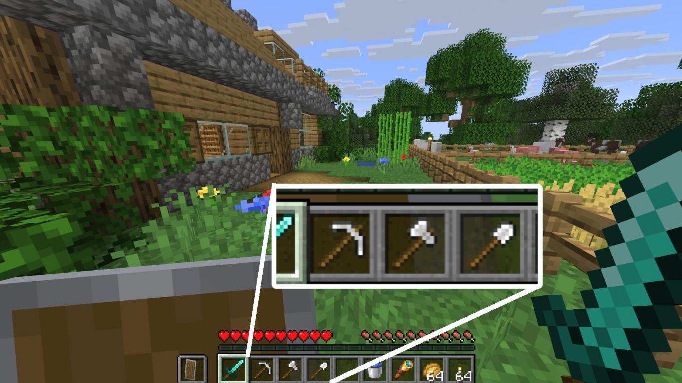 Houweel, bijl en schop in de Minecraft-inventaris