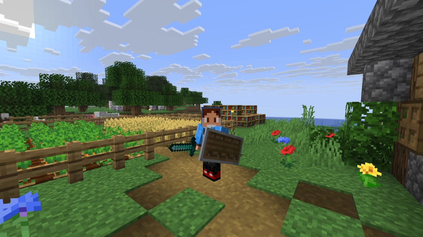 Zwaard, bijl, boog en schild voor verdediging in Minecraft
