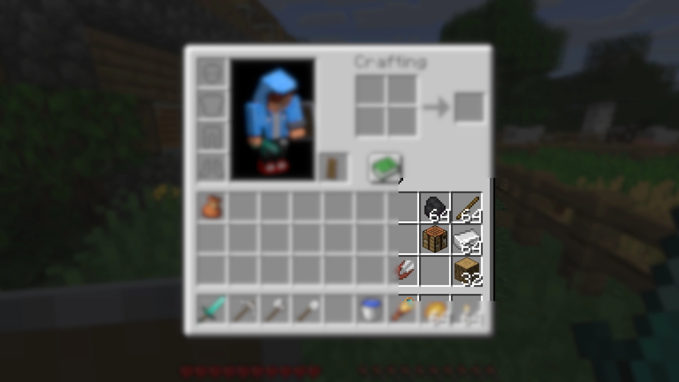 Werkbank, stokjes, steenkool, ijzer en hout voor crafting in Minecraft