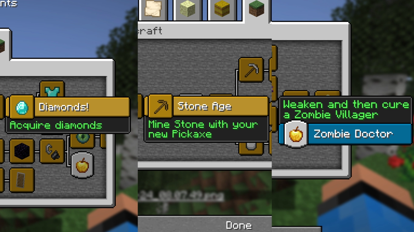 Minecraft tab with basic advancements from the start to the End