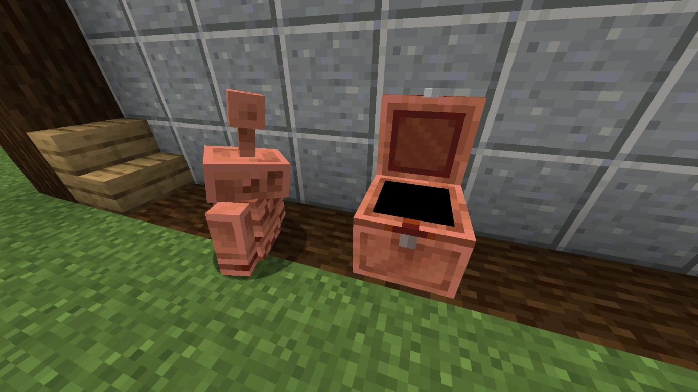 Golem di rame in Minecraft 1.21.9 con smistamento automatico degli oggetti tramite baule di rame