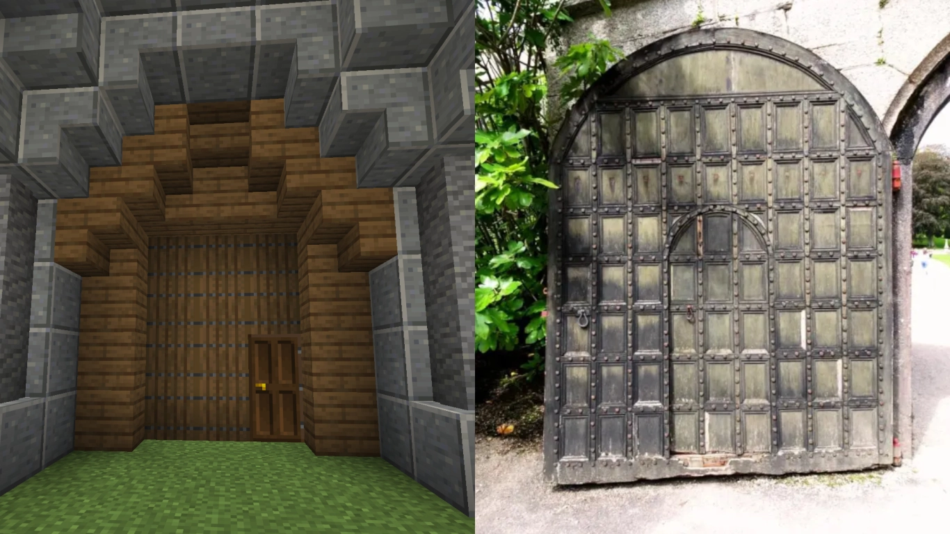 Ingresso sicuro in un muro di Minecraft con porta di ferro e pulsante