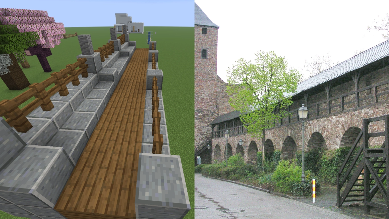 Mura larghe in Minecraft con camminamento di ronda e strette feritoie