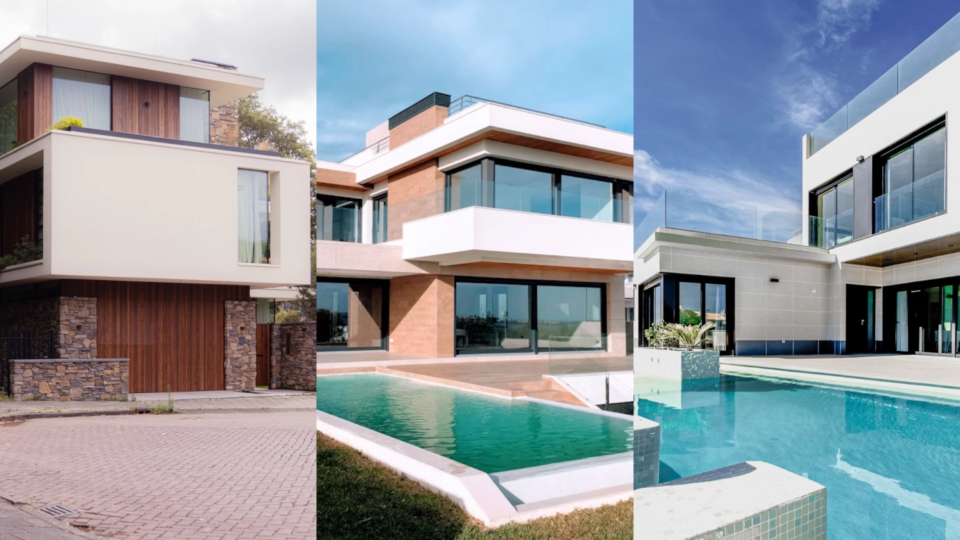 Düz çatı ve geniş pencerelere sahip modern Minecraft evi