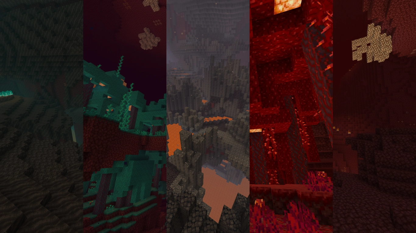 Alle Nether-biomer: Nether-ødemarken, Sjælesanddalen, Karmosinskoven, Forvredet skov og Basaltdelta i Minecraft