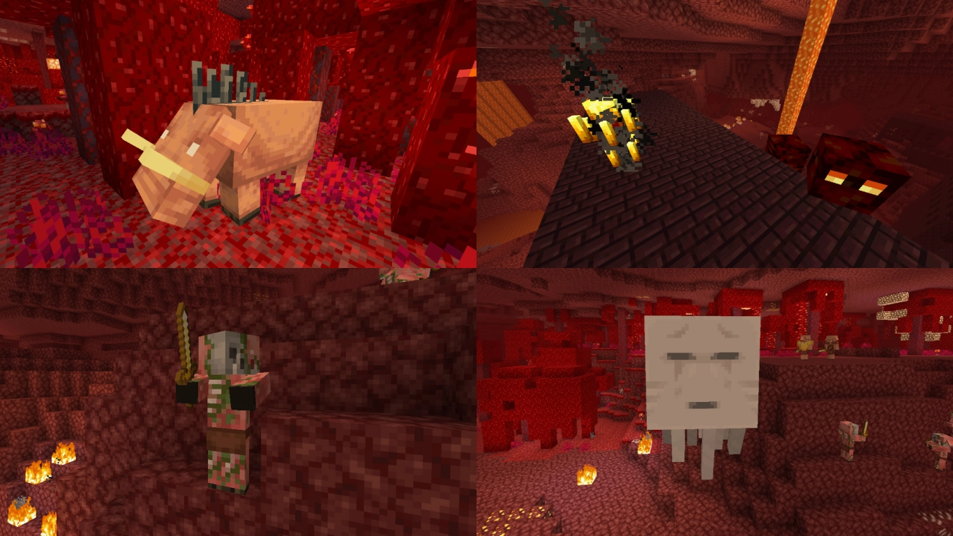 Nether-mobs: Piglins, zombificerede Piglins, Hoglins, Ghasts, Wither-skeletter, Blazes, Strider og magmakuber i Minecraft