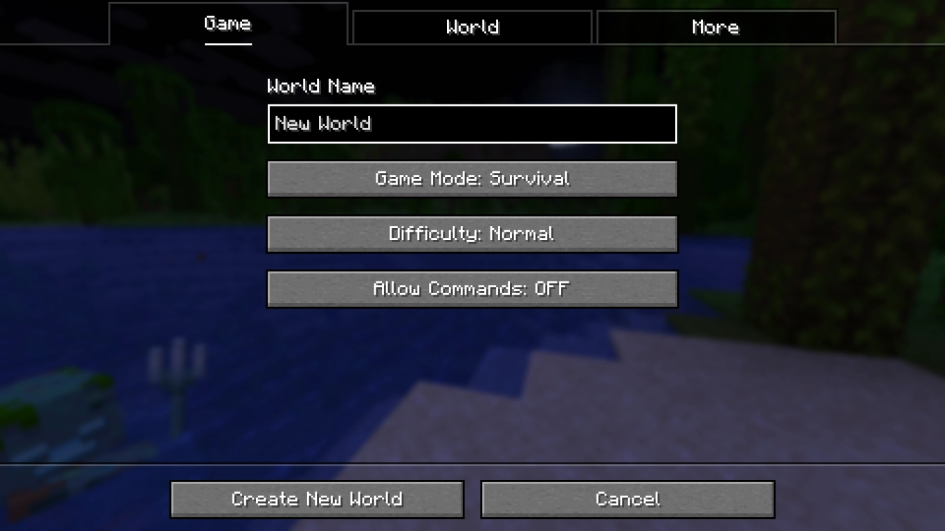 Settings of a new Minecraft world with difficulty, game mode, and cheats
