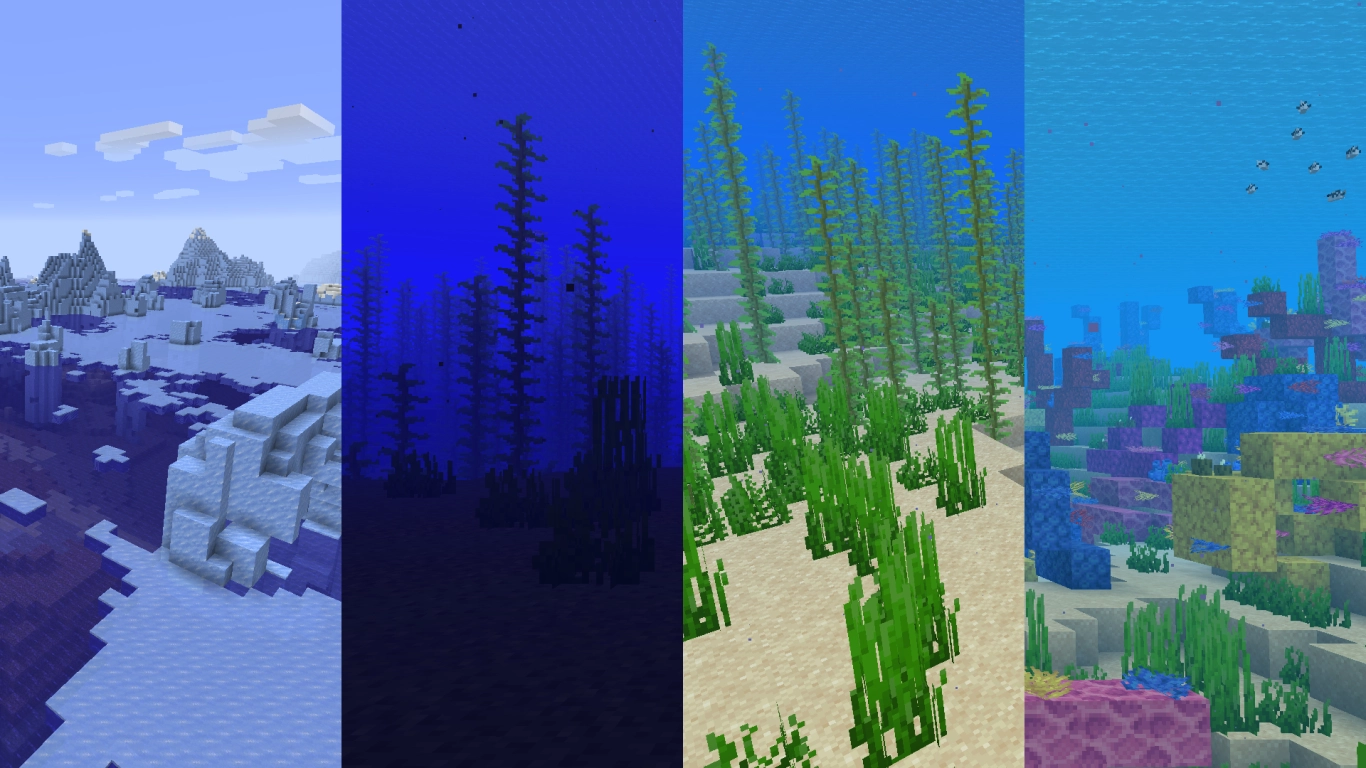 Visão geral dos biomas oceânicos do Minecraft com cor da água, temperatura e recursos