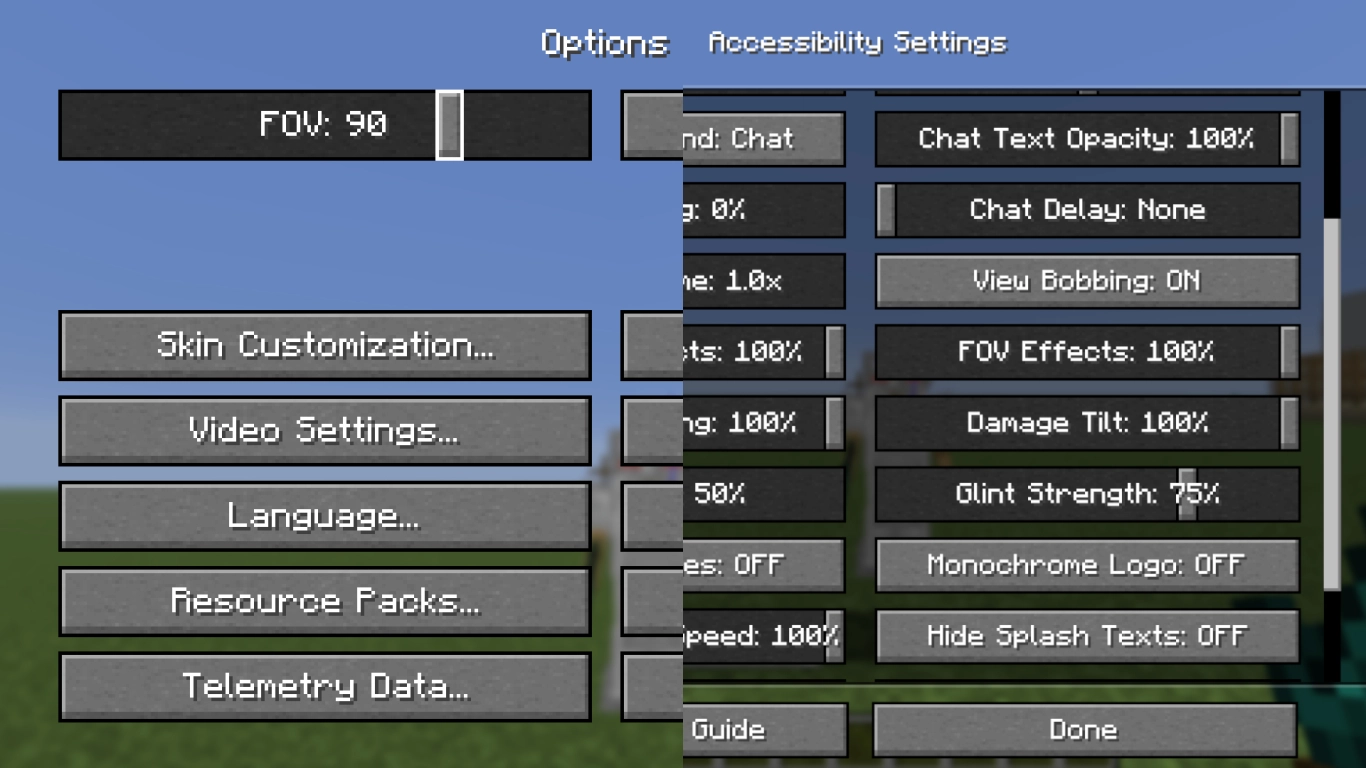 Minecraft Einstellungen für PvP mit FOV 90 und Barrierefreiheit mit View Bobbing und FOV-Effekten
