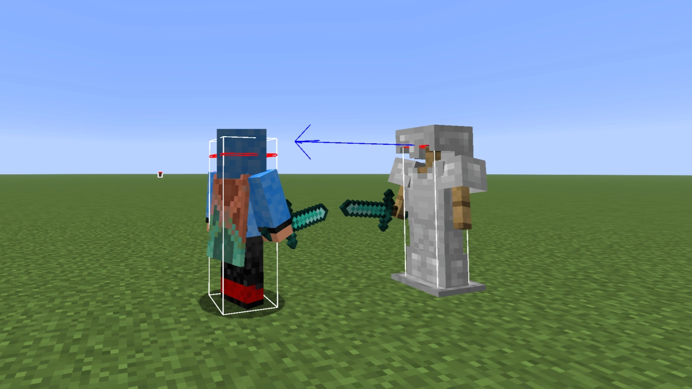 Minecraft PvP Angriffsreichweite von Auge zu Auge zwischen Spieler und Rüstungsständer mit Hitboxen