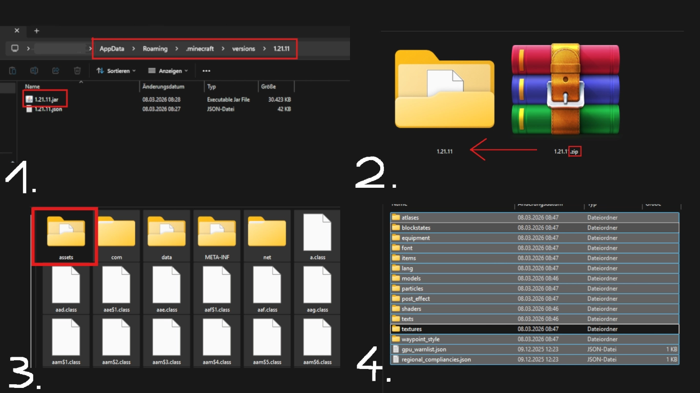 Minecraft kaynak paketi şablonu oluşturma: Dokuları assets içinden çıkarma