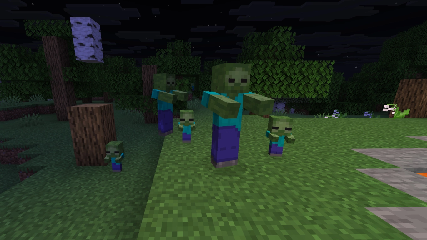 Baby zombie di Minecraft che sprinta verso un giocatore di notte
