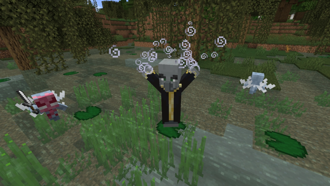 Evocatore di Minecraft che richiama Vessatori durante un’incursione in un villaggio