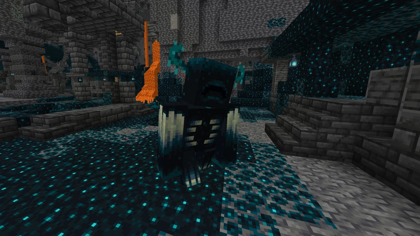 Warden di Minecraft nell’Oscurità profonda con luce pulsante sul petto