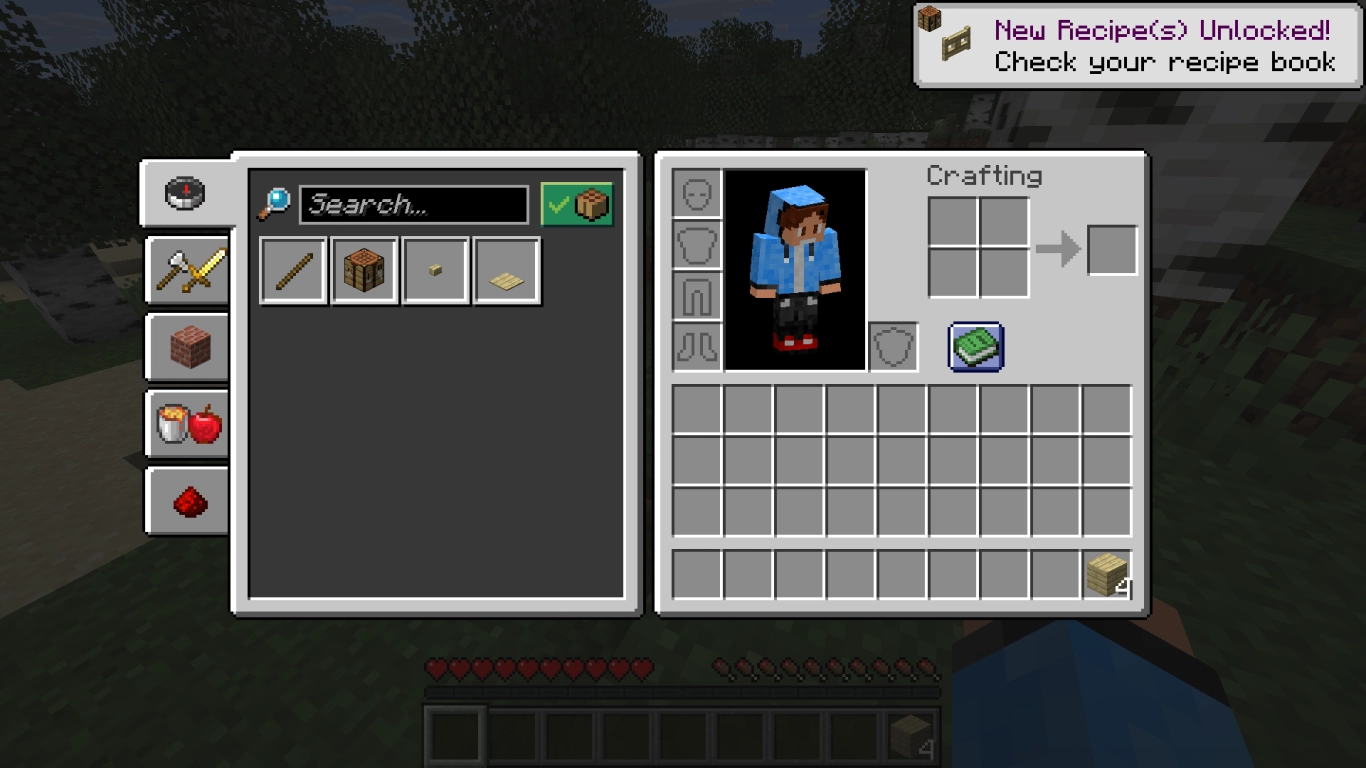 Minecraft recipe book in inventory and crafting table: faster crafting with search and auto-recipes