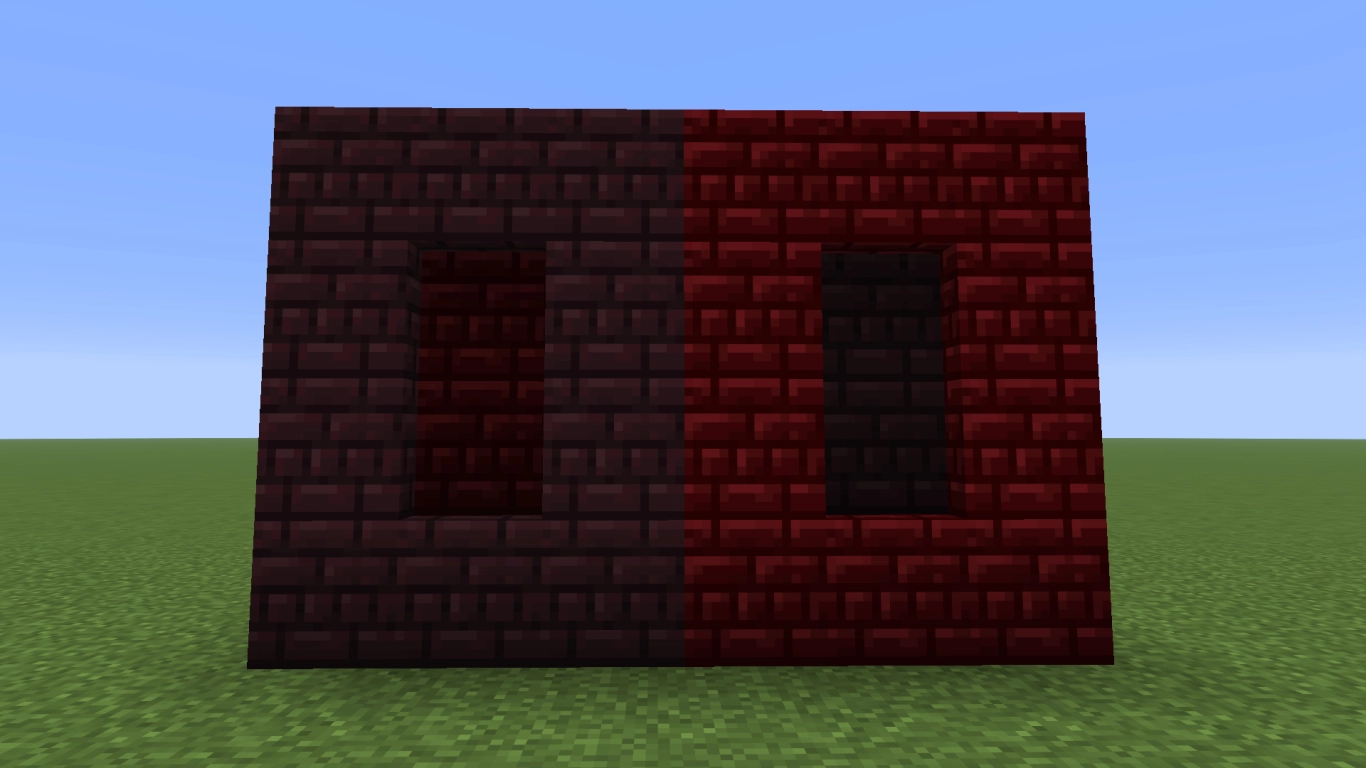 Minecraft czerwone cegły Netheru jako blok, schody i płyta w głębokiej czerwieni