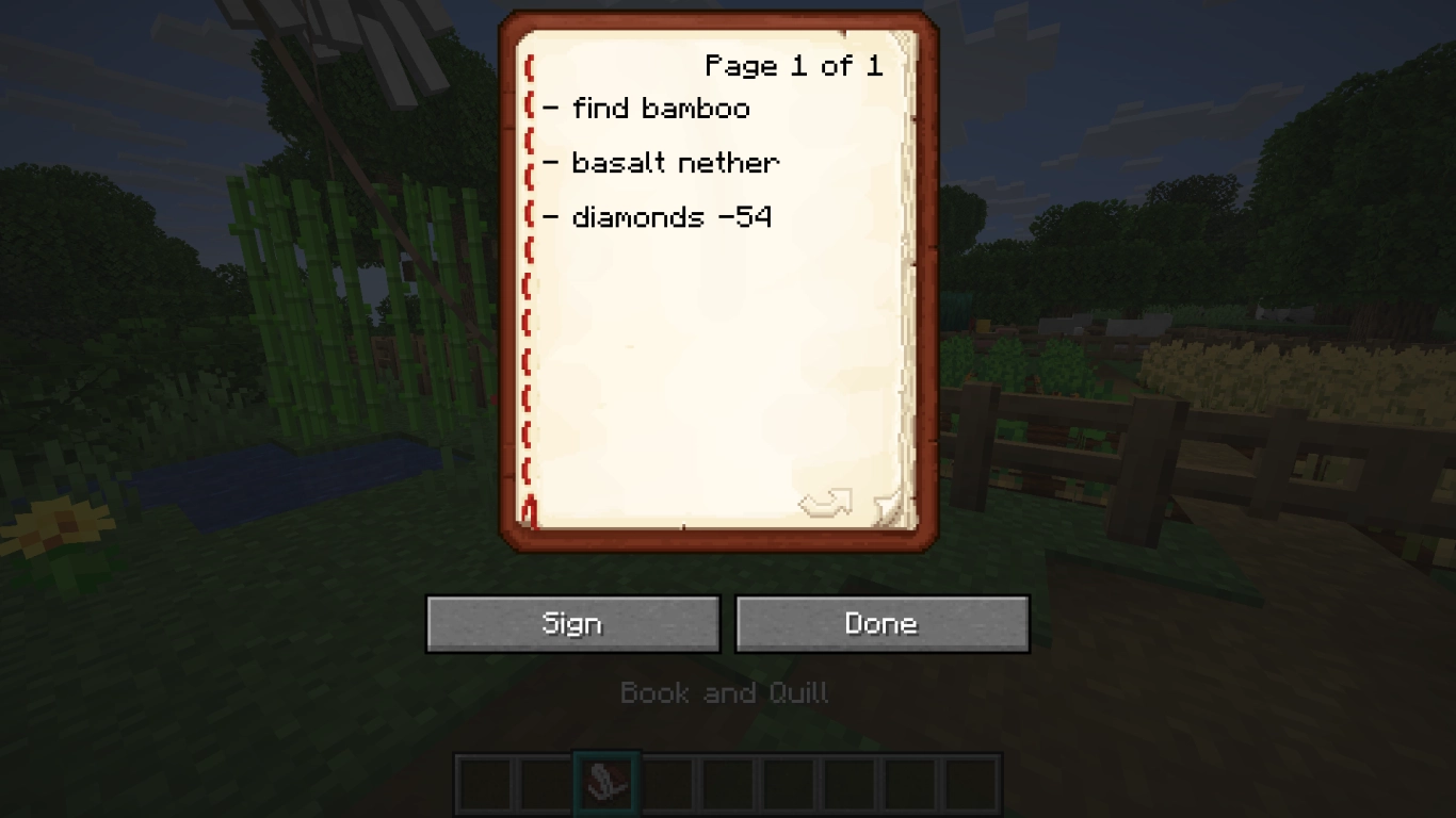 Minecraft bok och fjäderpenna som anteckningsbok i spelet