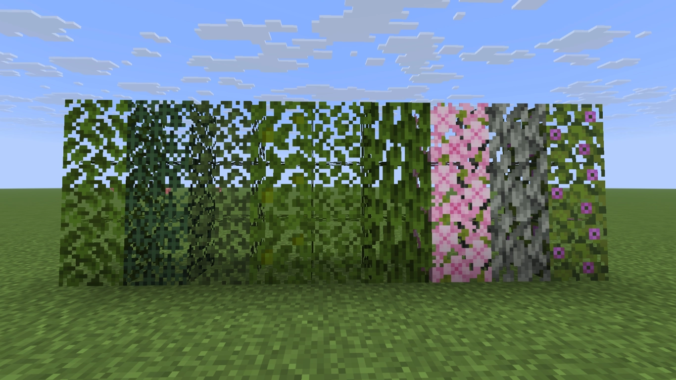 Minecraft-løvblokker brukt dekorativt som hekker, busker og trær