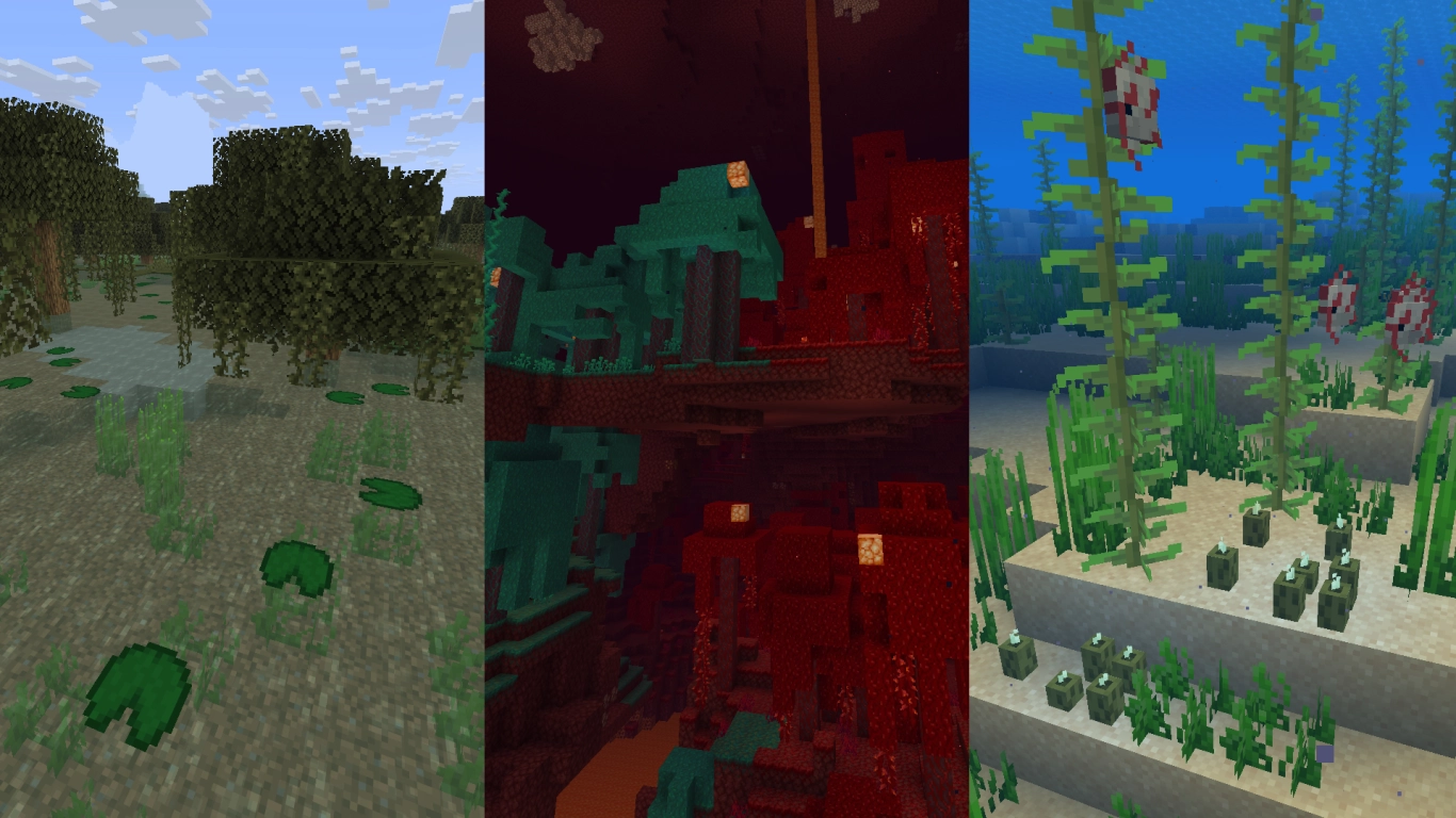 Lianer, mose, nøkkeroseblader, sjøgress og Nether-planter i ulike biomer i Minecraft