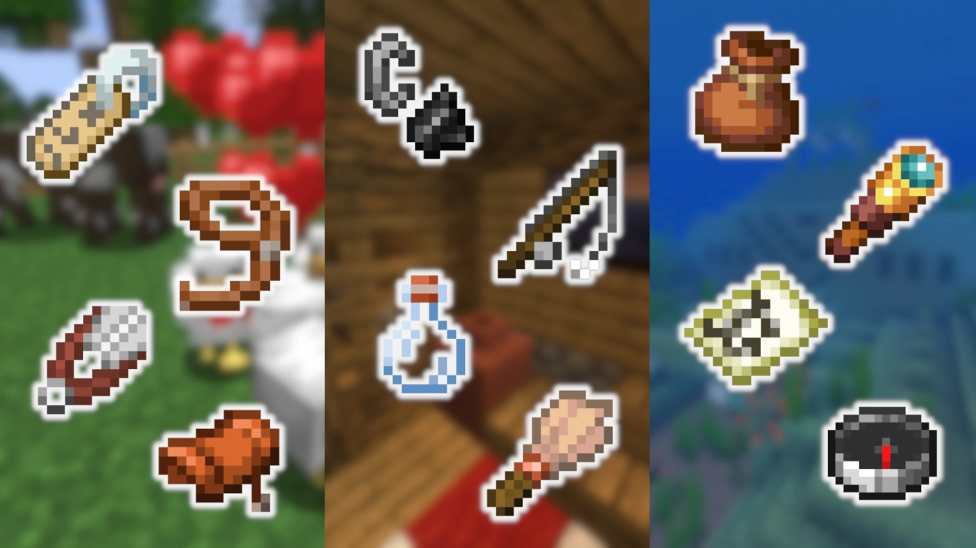 Spezielle Minecraft Werkzeuge wie Feuerzeug, Angel, Pinsel und Fernrohr