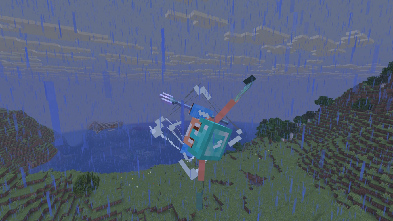 Minecraft Dreizack mit Sog und Entladung bei Regen und Gewitter