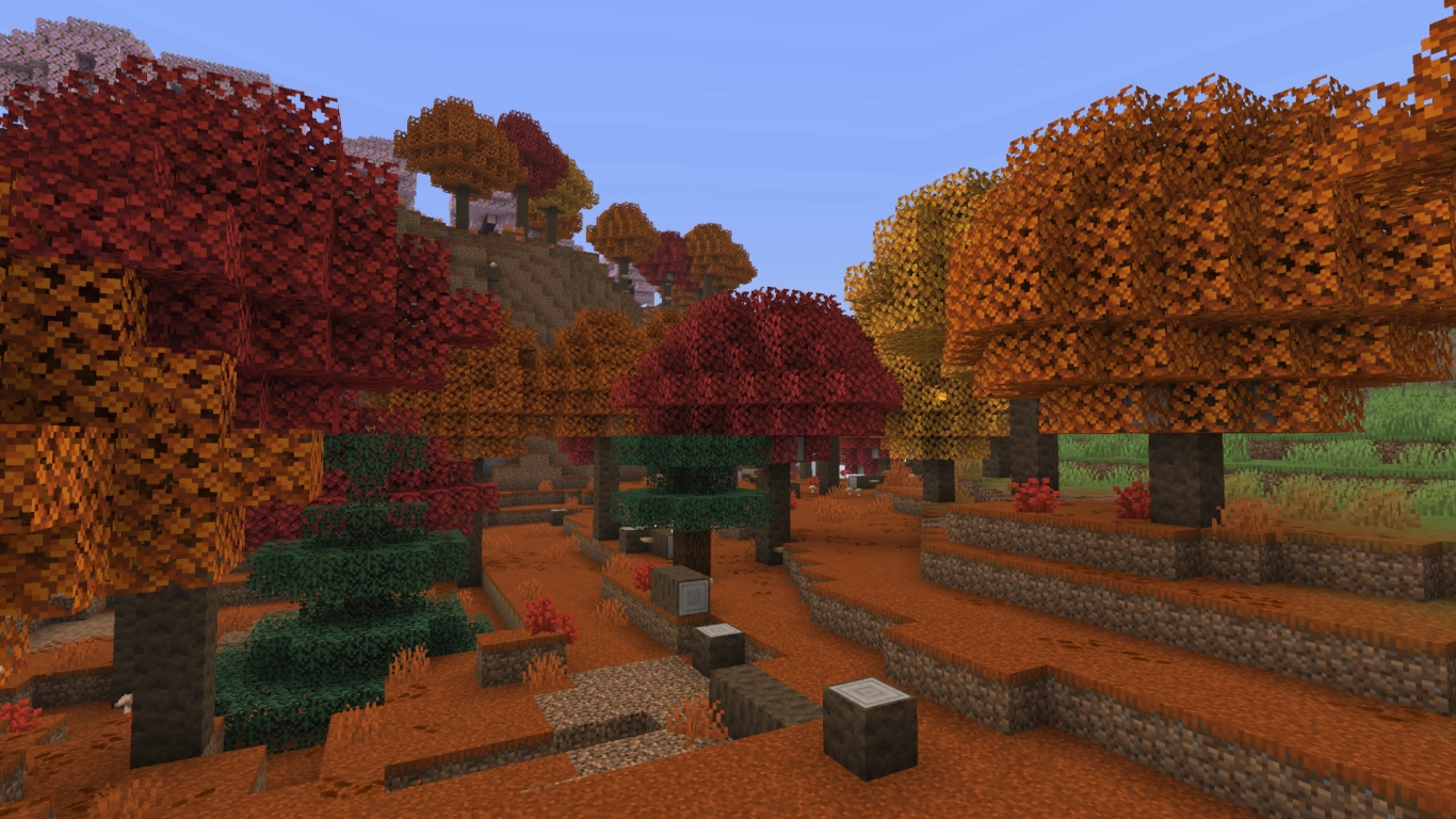 Bioma de floresta outonal de Minecraft com choupos e folhagem castanho-alaranjada