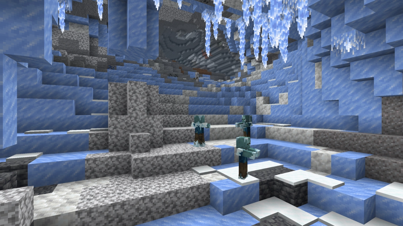 Minecraft 26.4 Ice Cave com pingentes de gelo, neve e zombies Frostbite