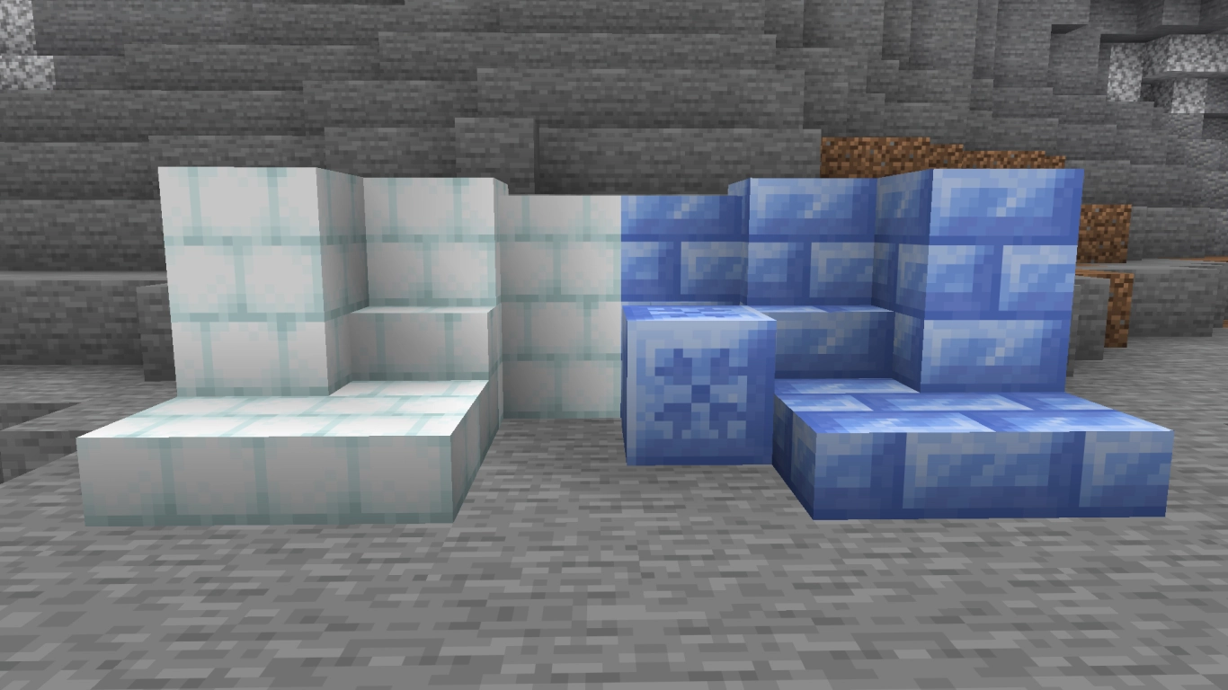 Minecraft 26.4 Snow Bricks e Packed Ice Bricks como blocos, lajes e escadas com Chiseled Packed Ice