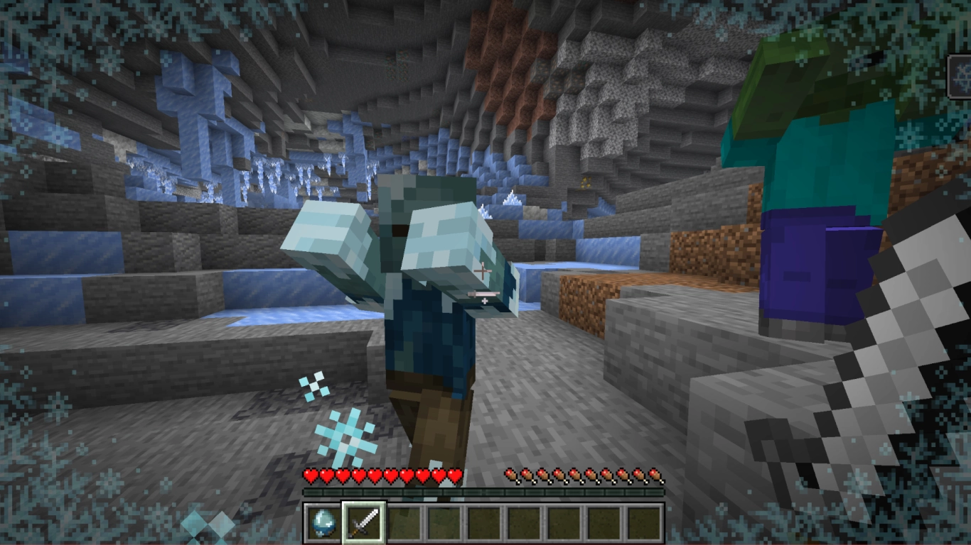 Minecraft 26.4 zombie Frostbite a atacar com a borda do ecrã congelada