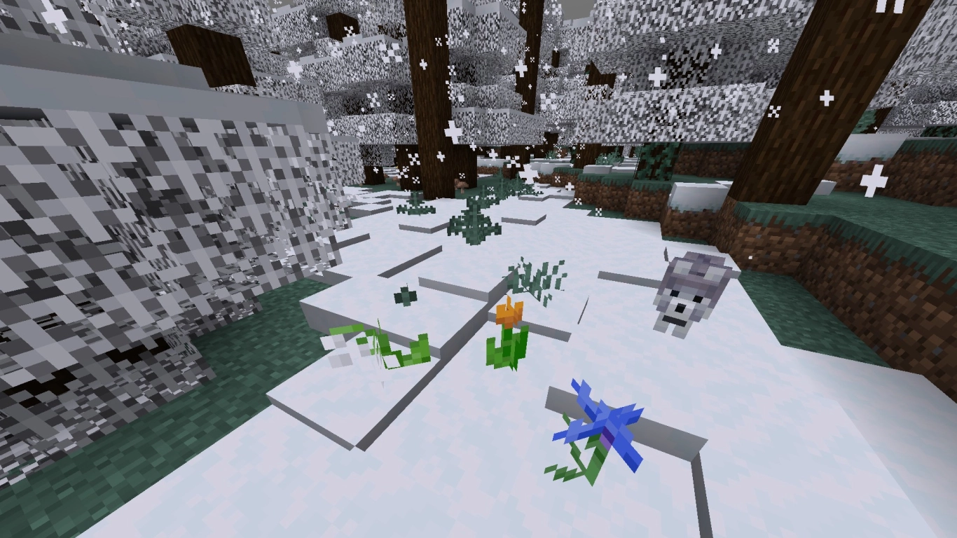Minecraft Bedrock floresta nevada com folhas brancas e flores na neve