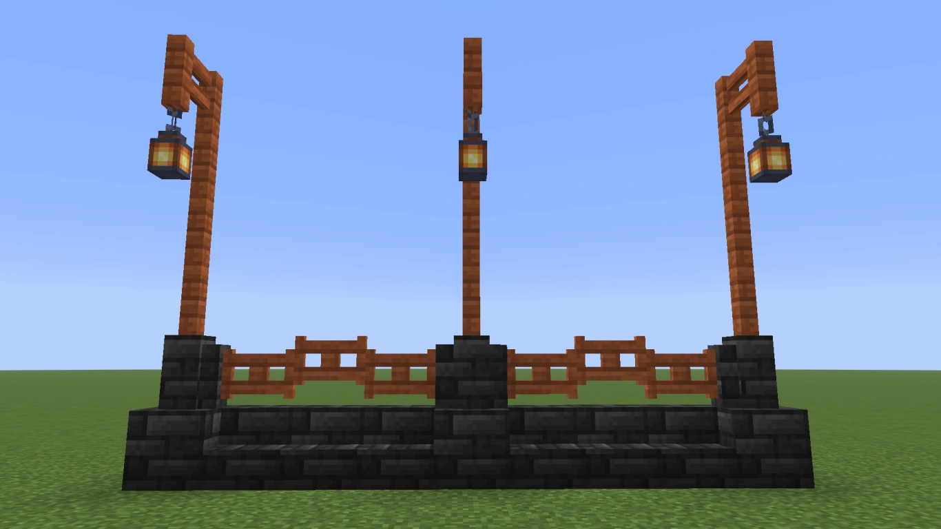 Minecraft Zaun aus Zauntoren mit Wellenmuster und Laternen