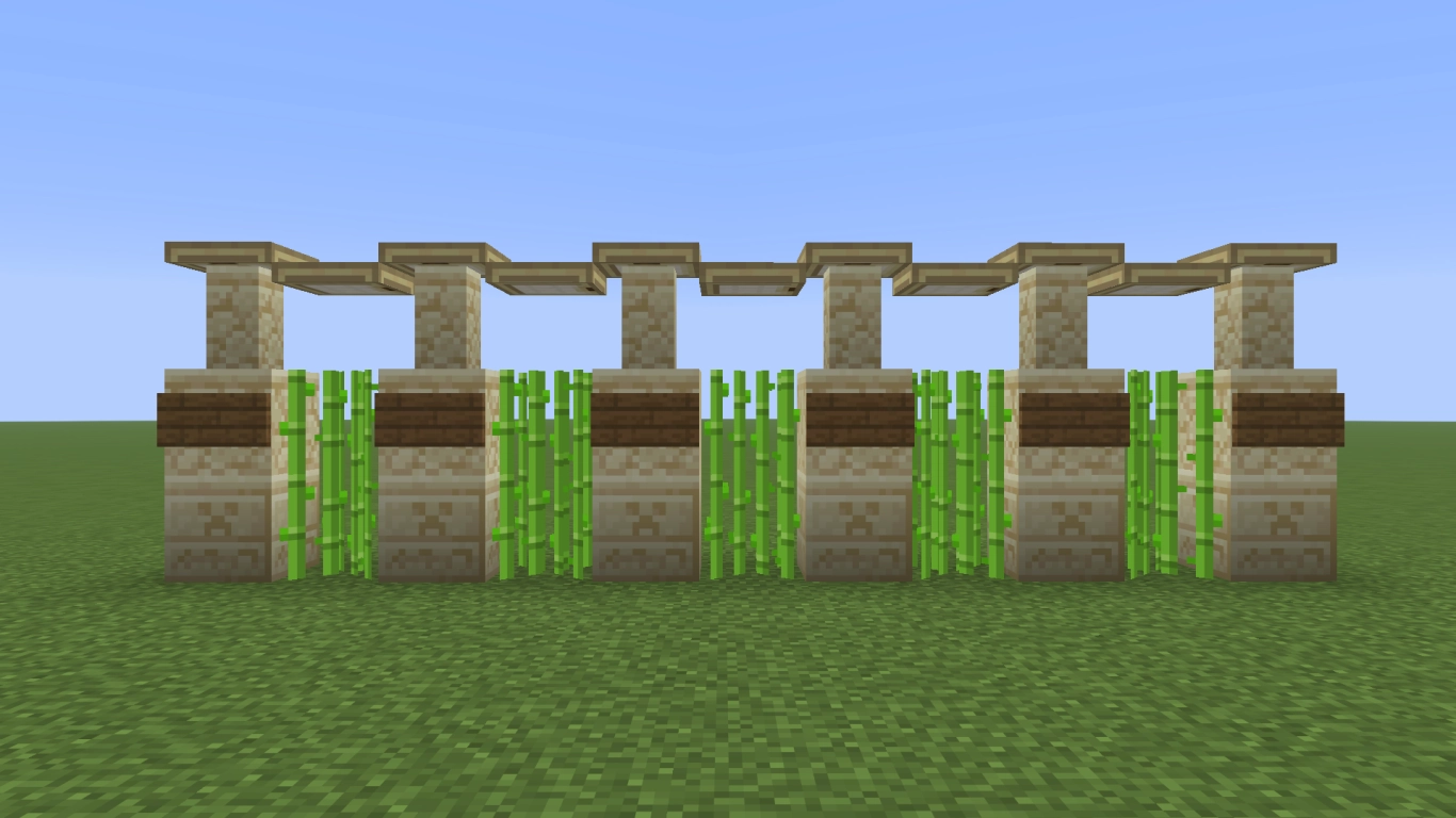 Minecraft Wüstenzaun aus Sandstein mit Zuckerrohr, versteckter Wasserquelle und hellen Birken-Falltüren
