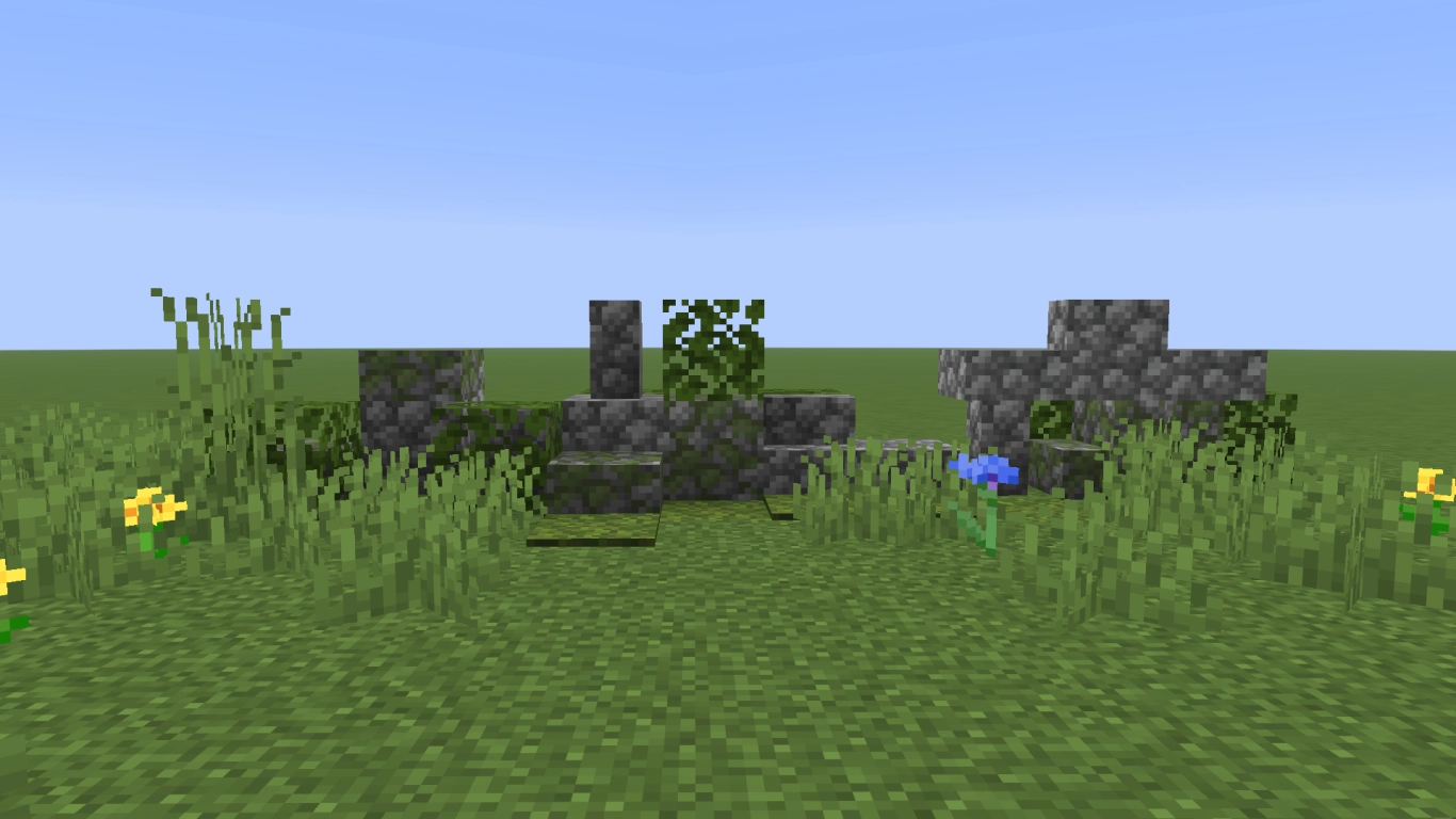Minecraft verfallener Zaun aus Bruchstein, bemoostem Stein, Laub und Gras